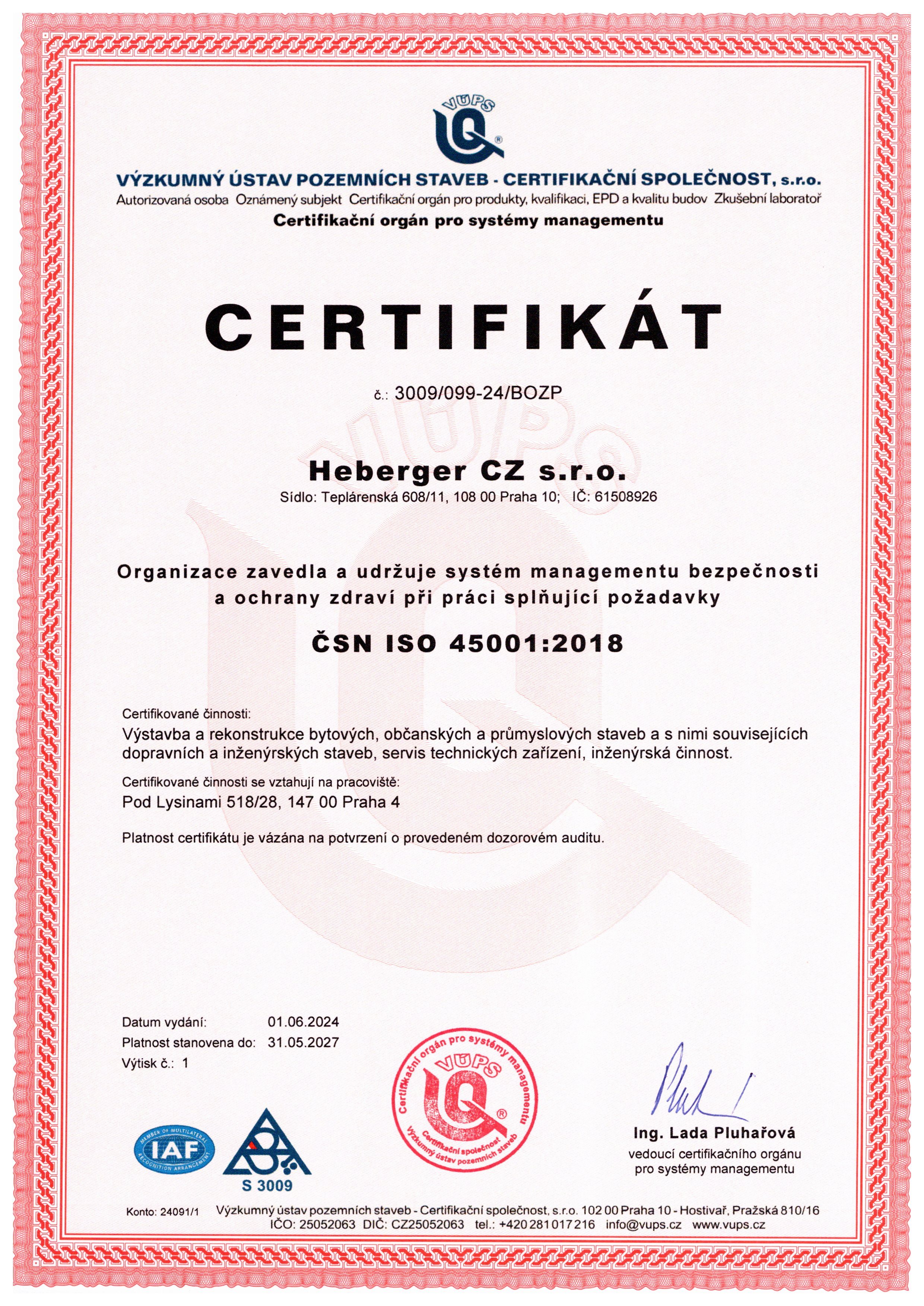 Certifikát OHSAS 18001