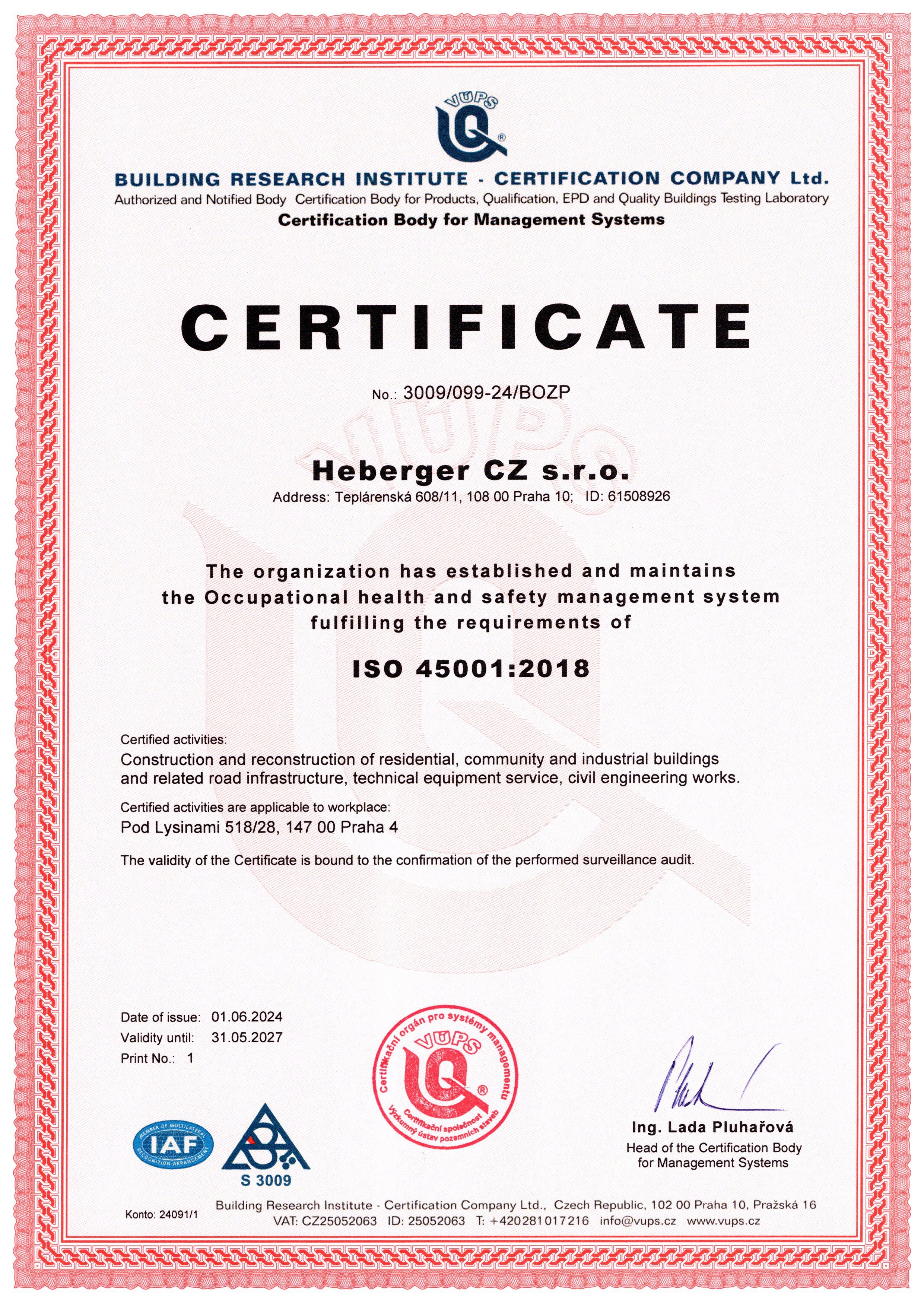 Certifikát OHSAS 18001