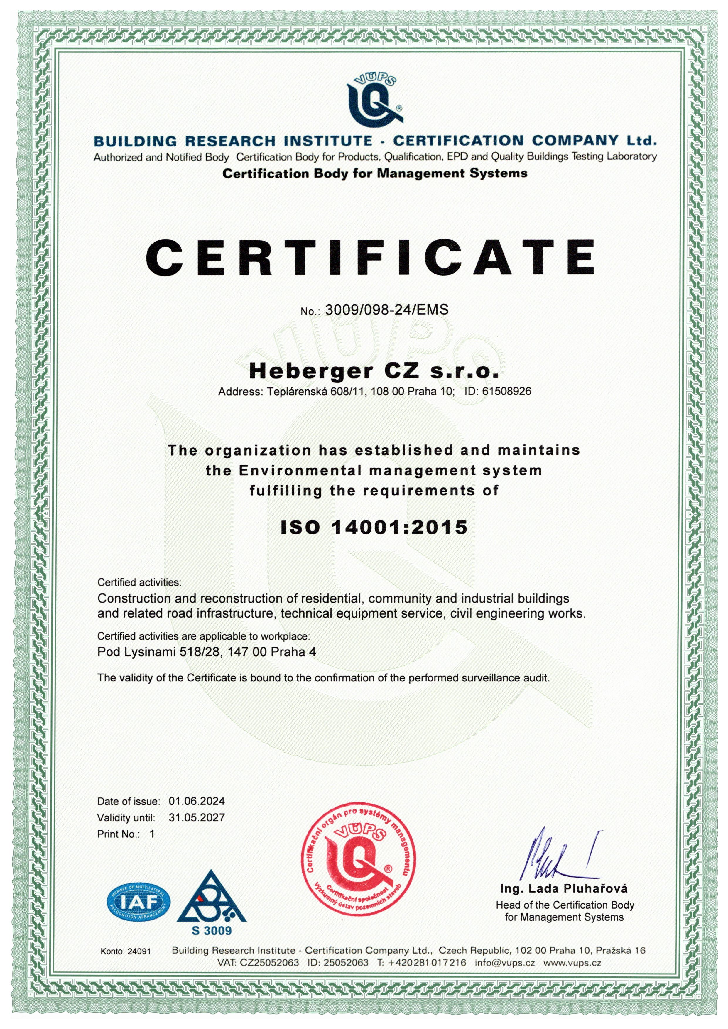 Certifikát ISO 14001